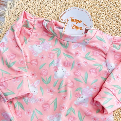 Conj. Blusa Ursinha com Plantinhas em Malha Térmica e Calça Legging - Rose e Verde